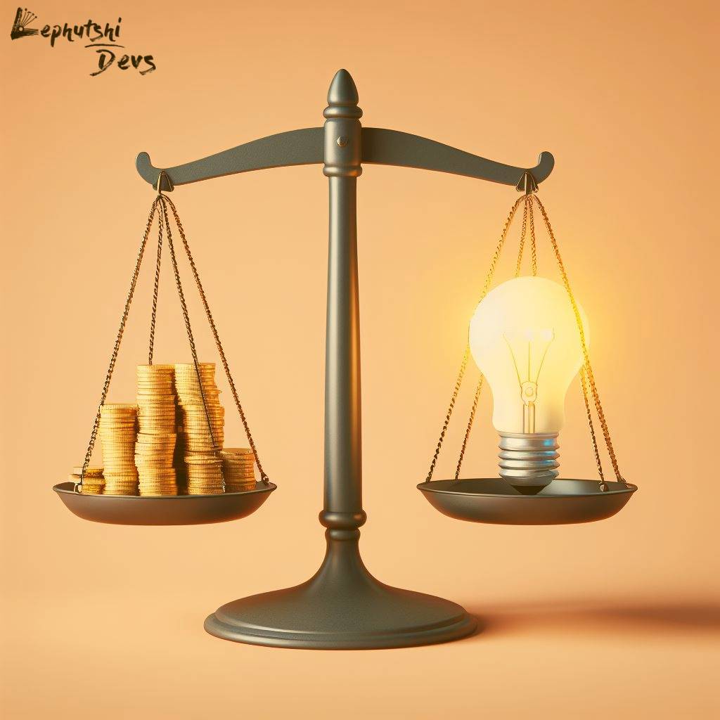 Balanced scale with coins on one side and a light bulb on the other, against a digital background with Botswana highlighted.