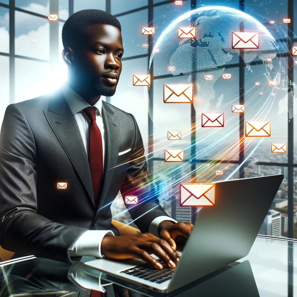 African male business professional at a desk with email icons emanating from his laptop converging on a hovering globe, representing global email outreach.