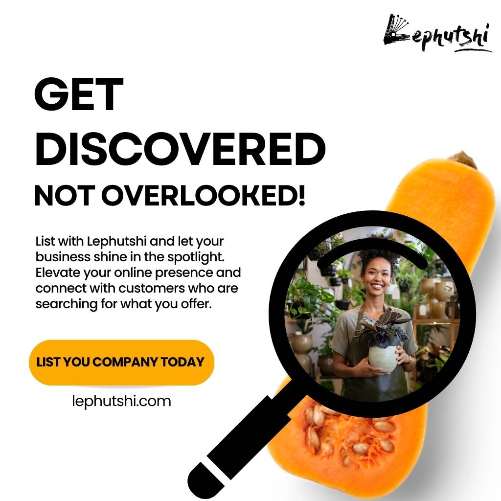 Business lady under a magnifying glass with the headline 'Get Discovered, Not Overlooked!' and a call to action to list with Lephutshi.