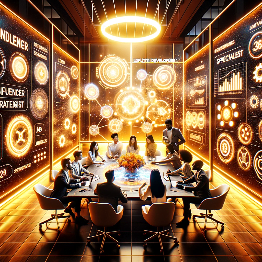 Diverse team of digital marketing experts brainstorming in a chic office with a holographic table displaying tools and charts. Lephutshi Developers logo glows in the background.
