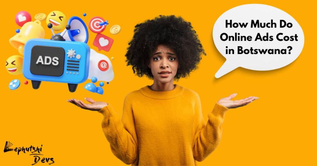 A curious black woman surrounded by digital advertising icons like Facebook, Google, and LinkedIn, wondering about online ads cost in Botswana.