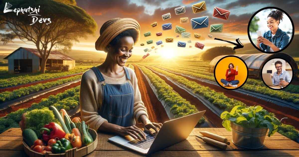 African female farmer using email marketing services on a laptop in Southern Africa