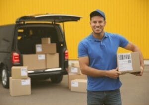 Courier with parcel beside delivery van, illustrating Botswana eCommerce shipping and last-mile logistics