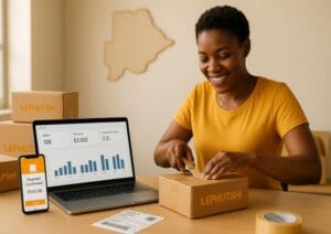 Botswana small-business owner packing online orders in Gaborone with eCommerce dashboard and Orange Money payment on phone