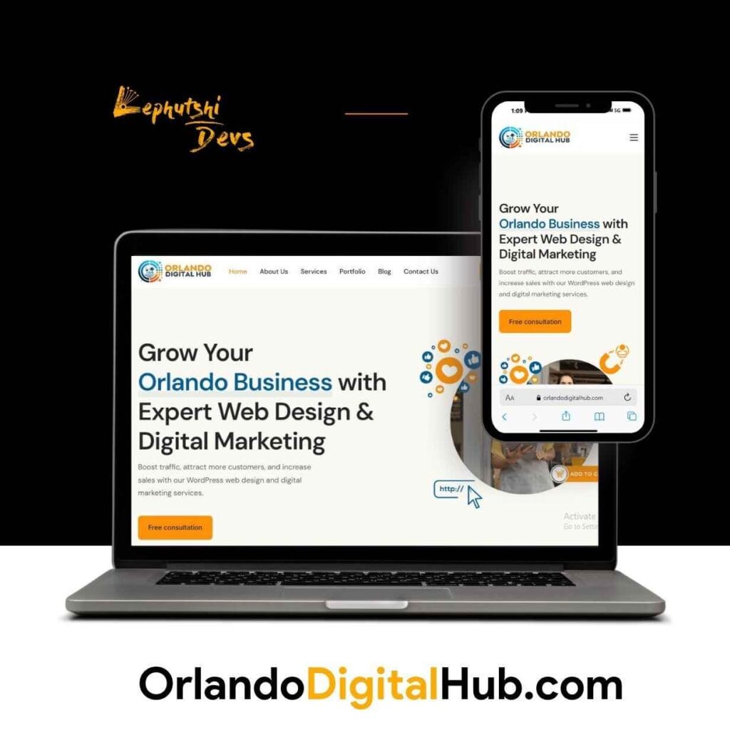 Orlando Digital Hub case study by Lephutshi Developers – transformed with local SEO, web design, and digital marketing from Botswana.