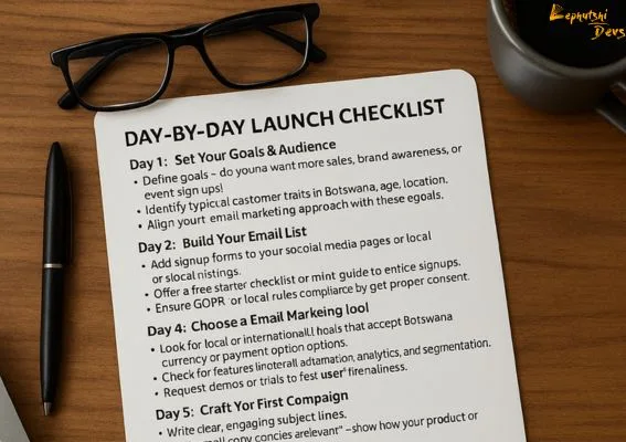 Screenshot of an email marketing template and checklists for Botswana businesses
