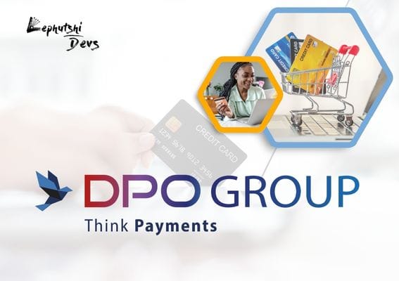 DPO Group Botswana payment gateway graphic showing secure credit-card checkout and online shopping cart