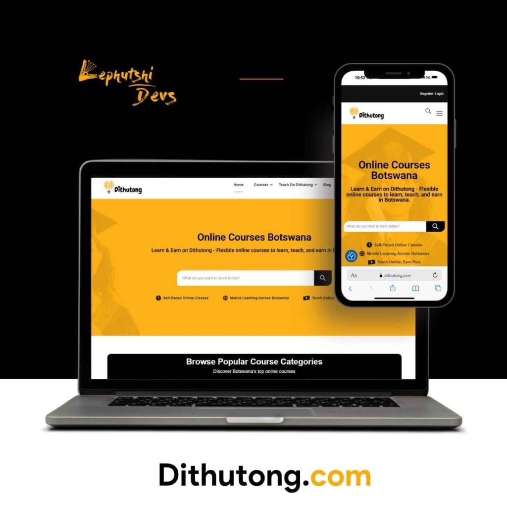 Dithutong eLearning website on laptop and mobile – designed by Lephutshi Developers in Botswana