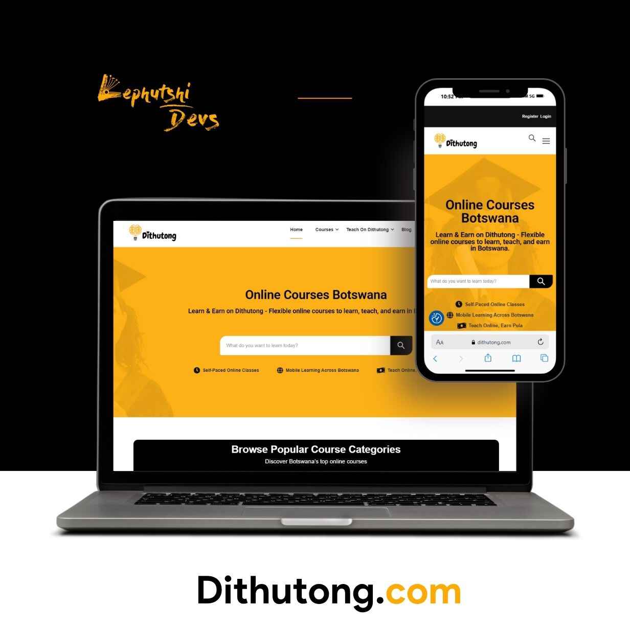 Dithutong eLearning website on laptop and mobile – designed by Lephutshi Developers in Botswana