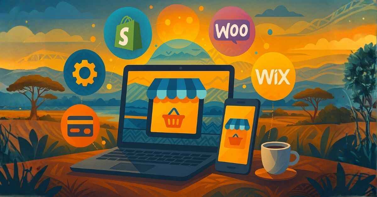 Illustration showing laptop and smartphone surrounded by Shopify, WooCommerce, and Wix icons, representing eCommerce platforms for online stores in Botswana.