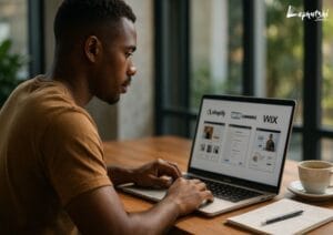 Botswana entrepreneur comparing Shopify, WooCommerce, and Wix on a laptop to choose the best eCommerce platform for an online store.