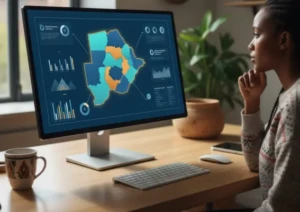 Geo-targeted Google Ads segmentation map of Botswana with abstract regional performance indicators and clean analytics visuals.