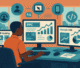 Illustration of a Botswana digital marketer working with multiple screens displaying PPC dashboards, A/B testing analytics, Google Ads performance metrics, and automation tools.