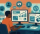 Illustration of a Botswana digital marketer working with multiple screens displaying PPC dashboards, A/B testing analytics, Google Ads performance metrics, and automation tools.