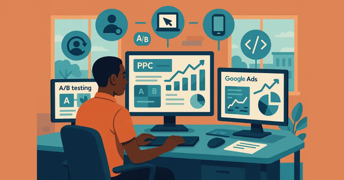 Illustration of a Botswana digital marketer working with multiple screens displaying PPC dashboards, A/B testing analytics, Google Ads performance metrics, and automation tools.