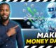 How to Make Money Online in Botswana Using AI – Make Money Daily: Motswana entrepreneur pointing at an AI robot generating BWP coins, showing how to make money online in Botswana daily.