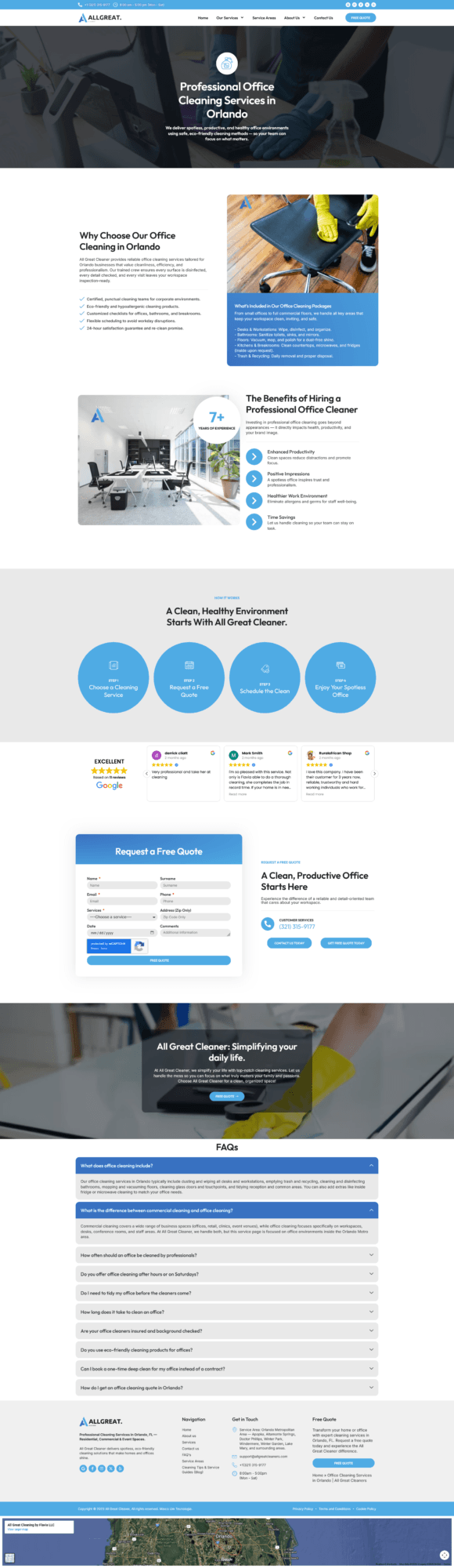 Office cleaning service page design example for a service business website