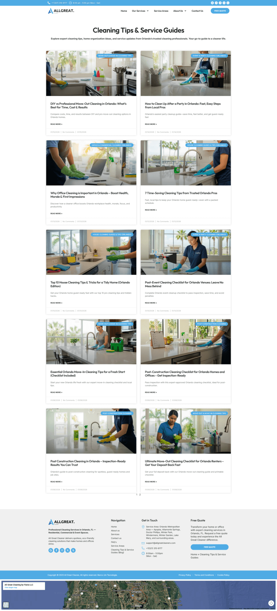 Blog design example for a cleaning company website with service guides