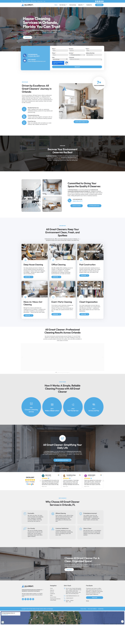 Service business website design example showing services and customer journey