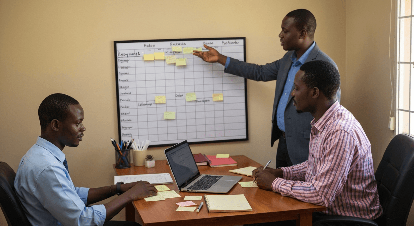 Team organizing keywords on a planner in a Botswana office