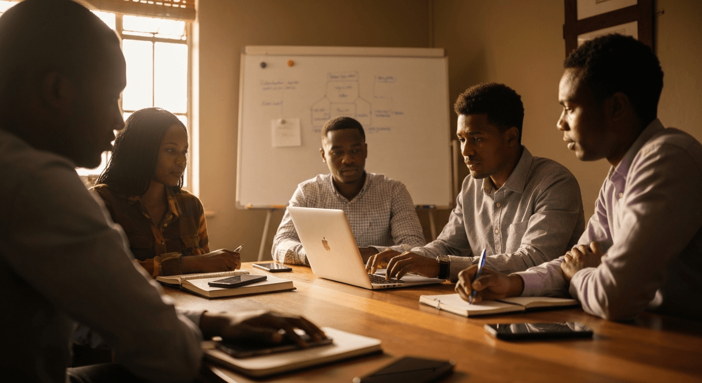 Group strategizing newsletter sponsorship models in a Botswana office setting