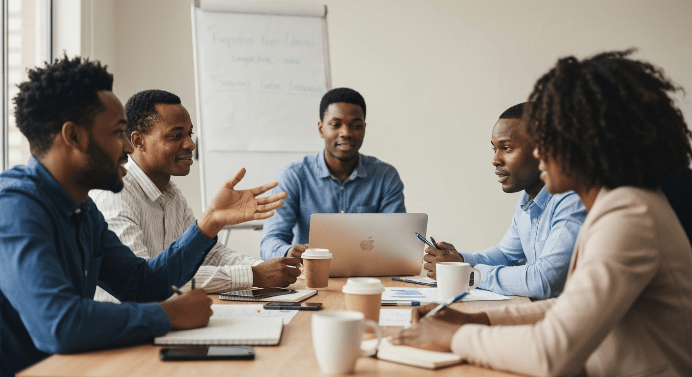 Diverse team of professionals brainstorming content ideas in a Botswana office setting, with laptops and notebooks.