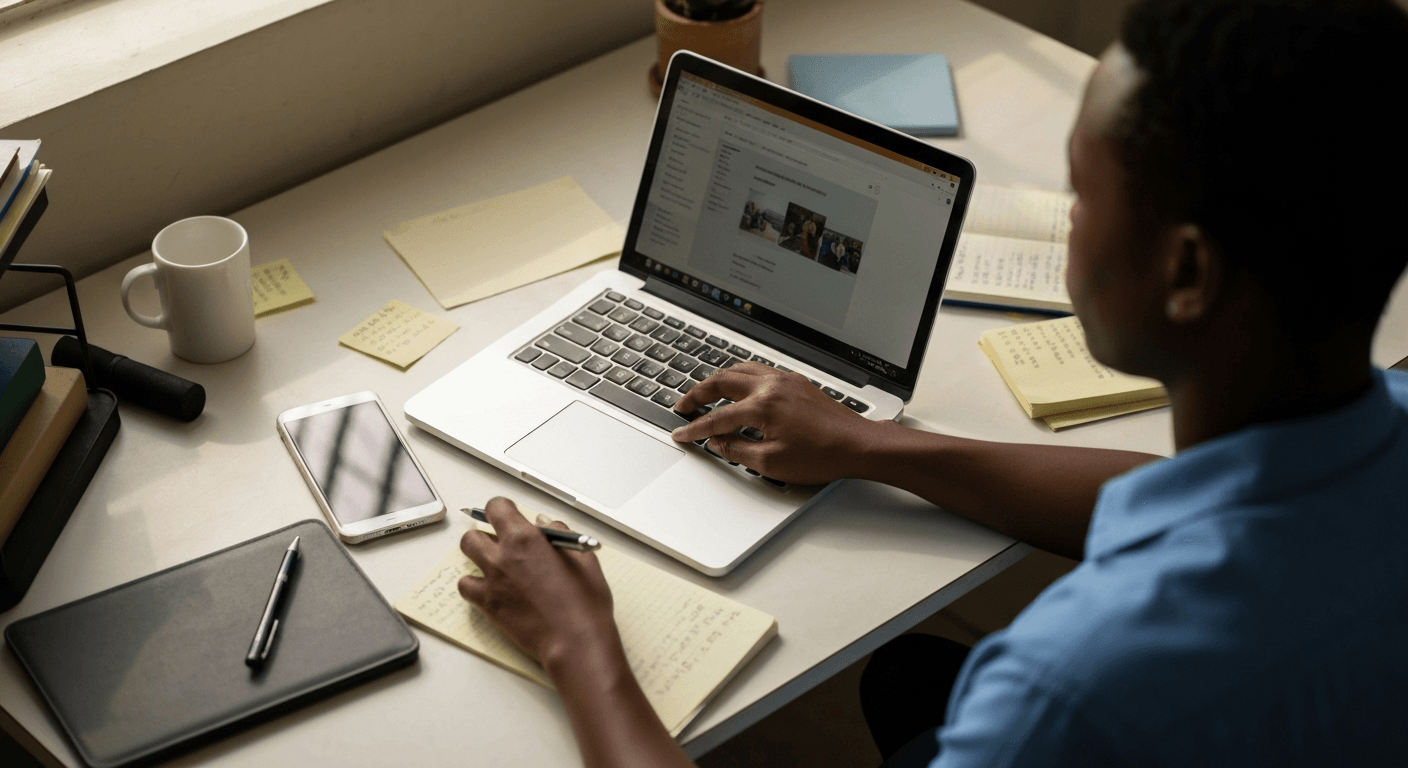A desk with a laptop, tablet, and smartphone in a Botswana office, representing the use of digital tools for content creation.