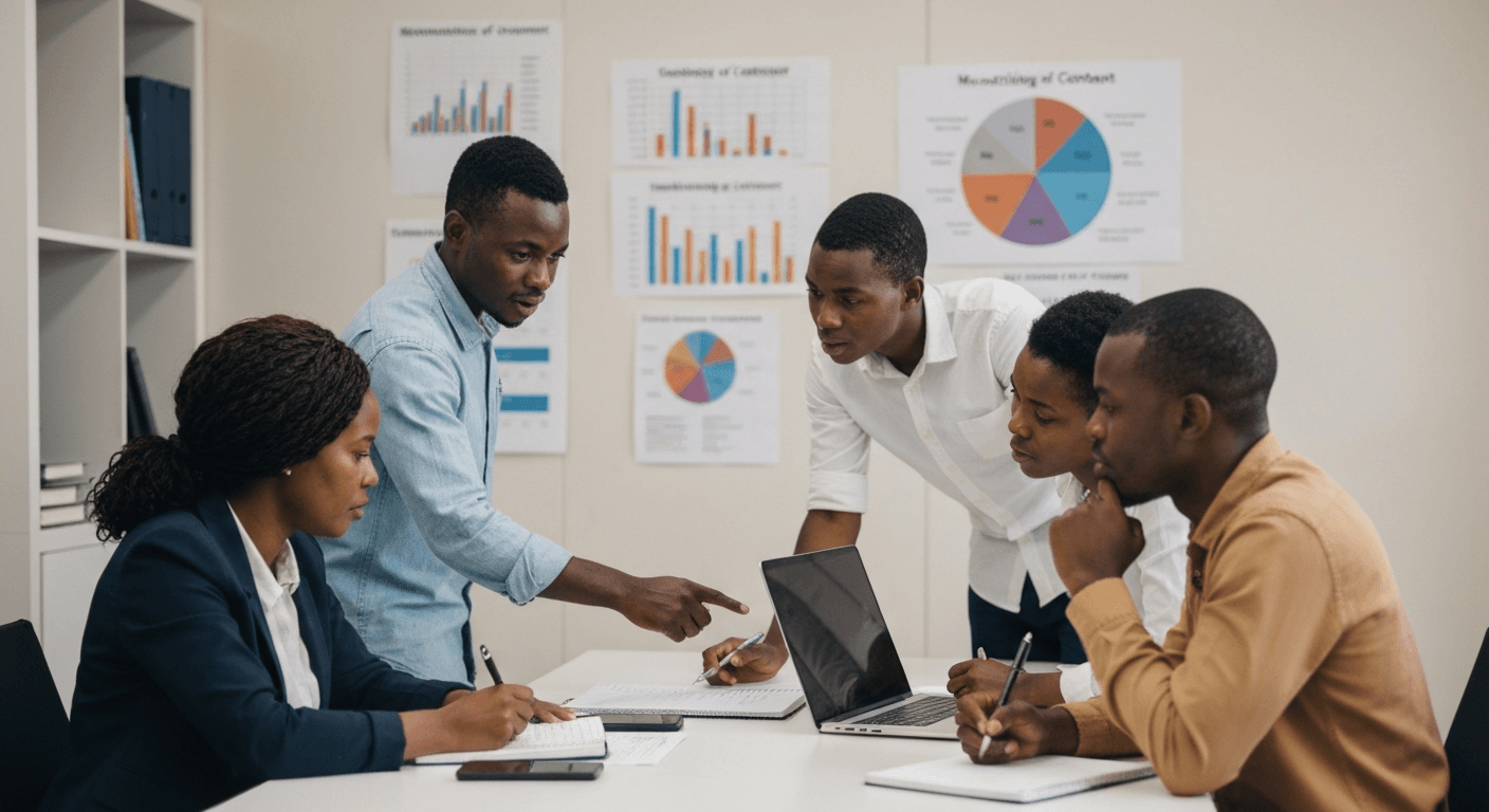 Business team in a Botswana office discussing monetization strategies with blurred charts and graphs in the background.