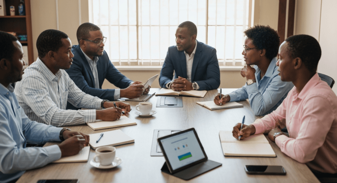 Botwsanan professionals in client acquisition and retention strategy meeting