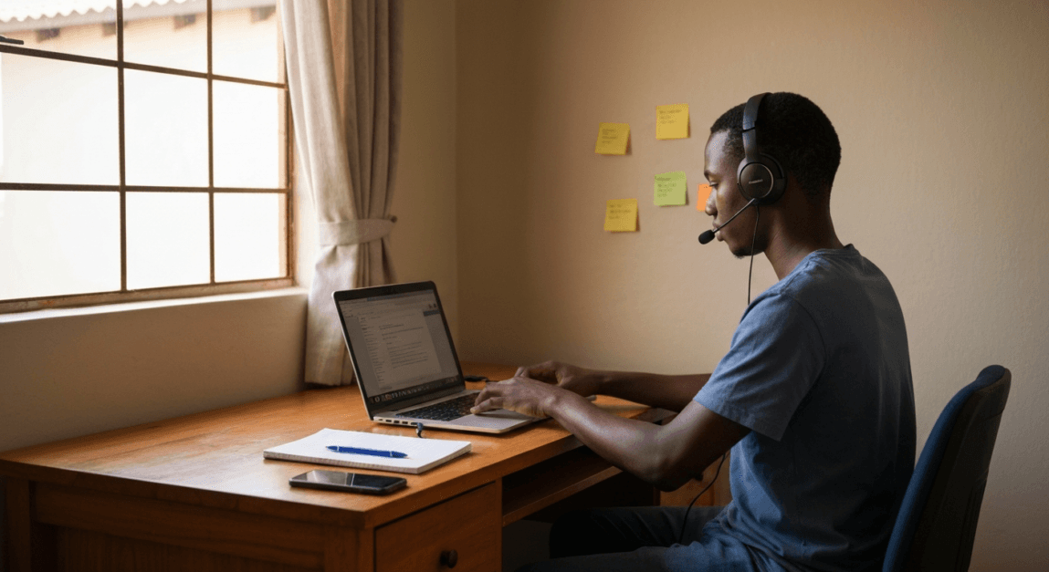 Young freelancer in Botswana working remotely on laptop offering digital services like SEO or content writing