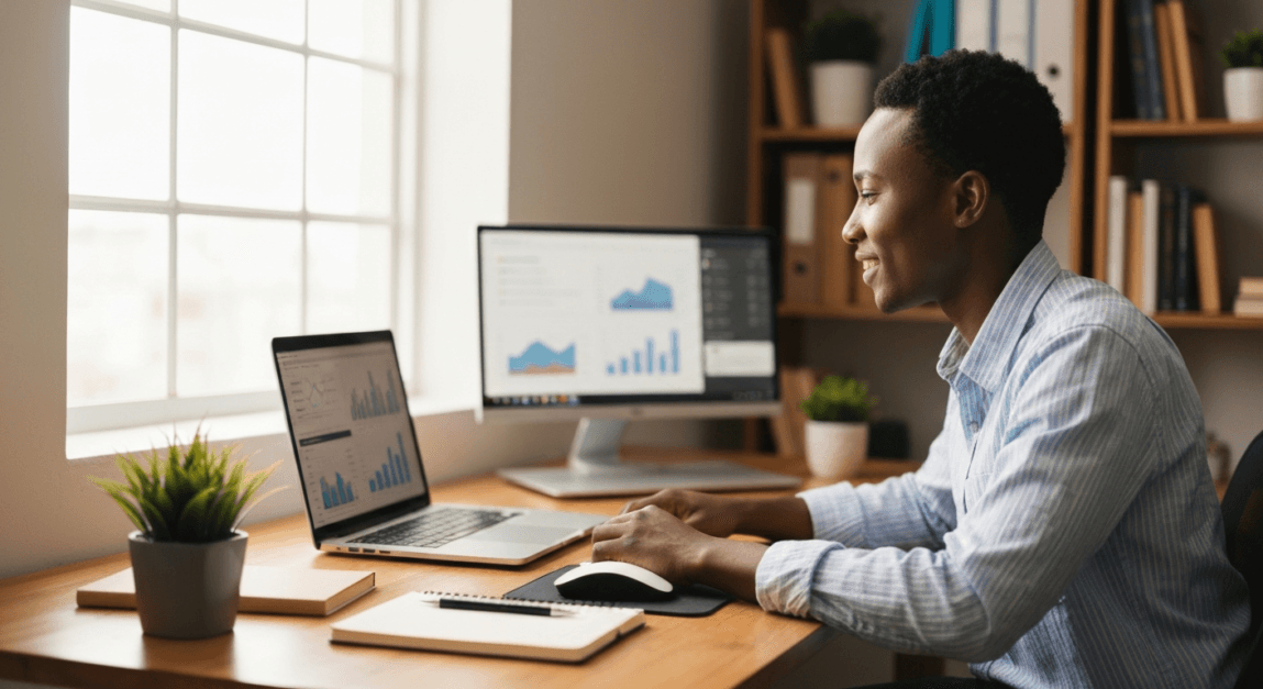 Digital marketing professional in Botswana reviewing campaign ROI data using accessible analytics tools