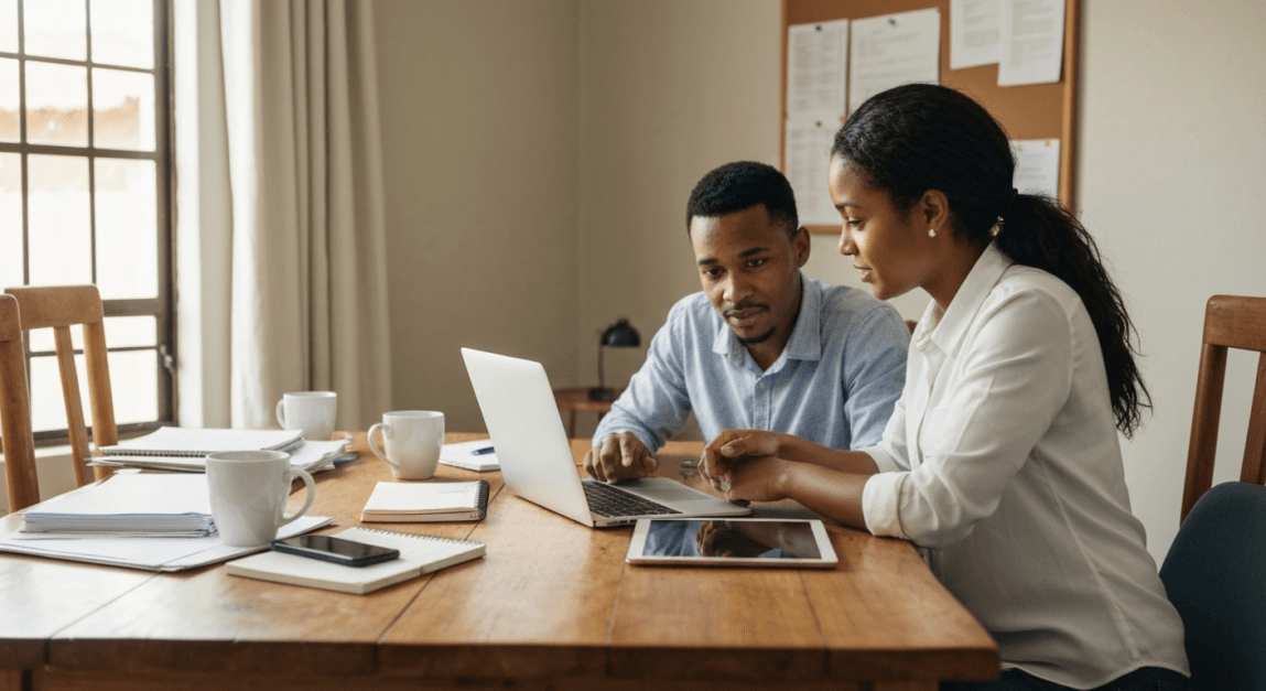 Botswana SME owners checking website mobile performance on a laptop in a casual office setting