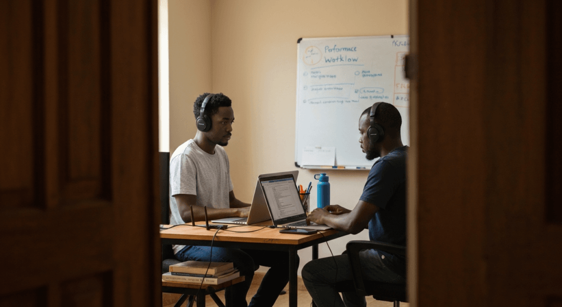 Small business owner in Botswana working on website speed improvements in a home office