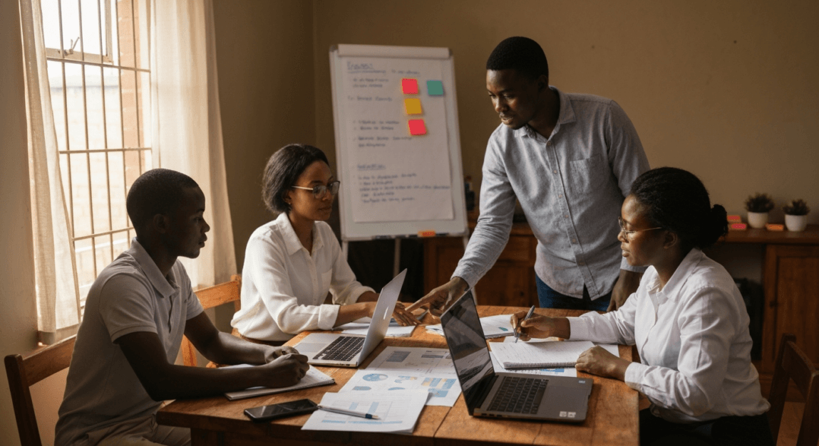 Botswana-based team working around a laptop on a digital marketing strategy