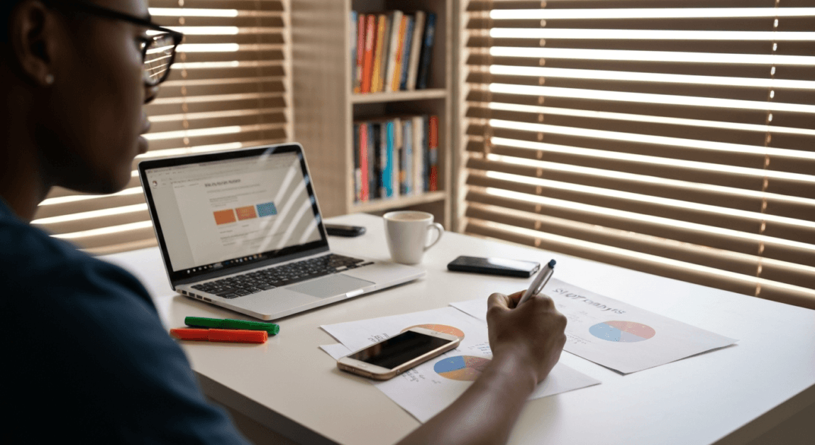 Entrepreneur in Botswana reviewing a SWOT analysis for digital strategy