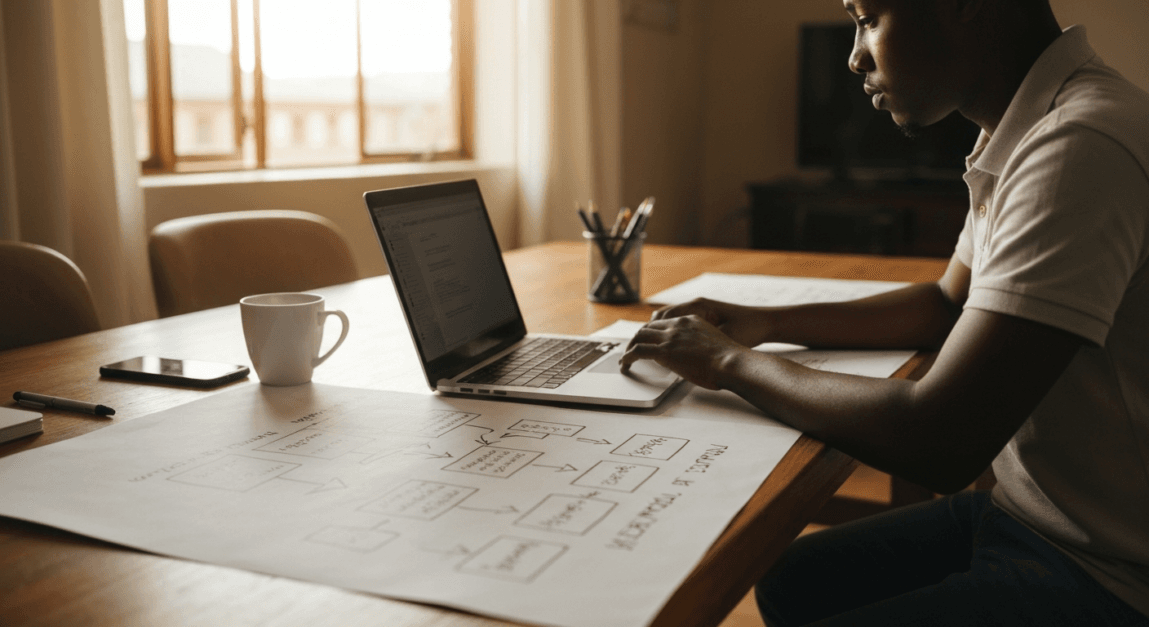 Founder mapping customer journey stages for their digital brand in Botswana