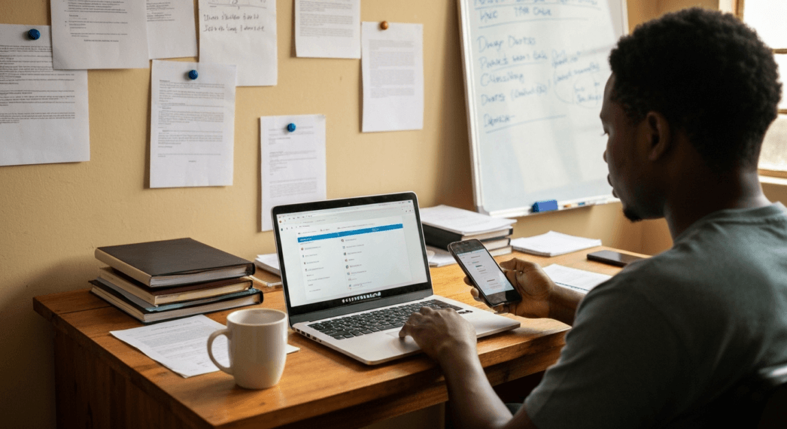 Botswana SME owner planning a content calendar using Trello and a laptop in a small office