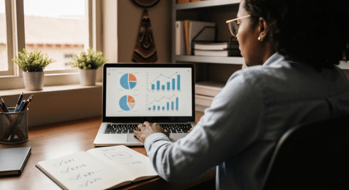 Botswana small business owner reviewing content performance using analytics tools in a home office