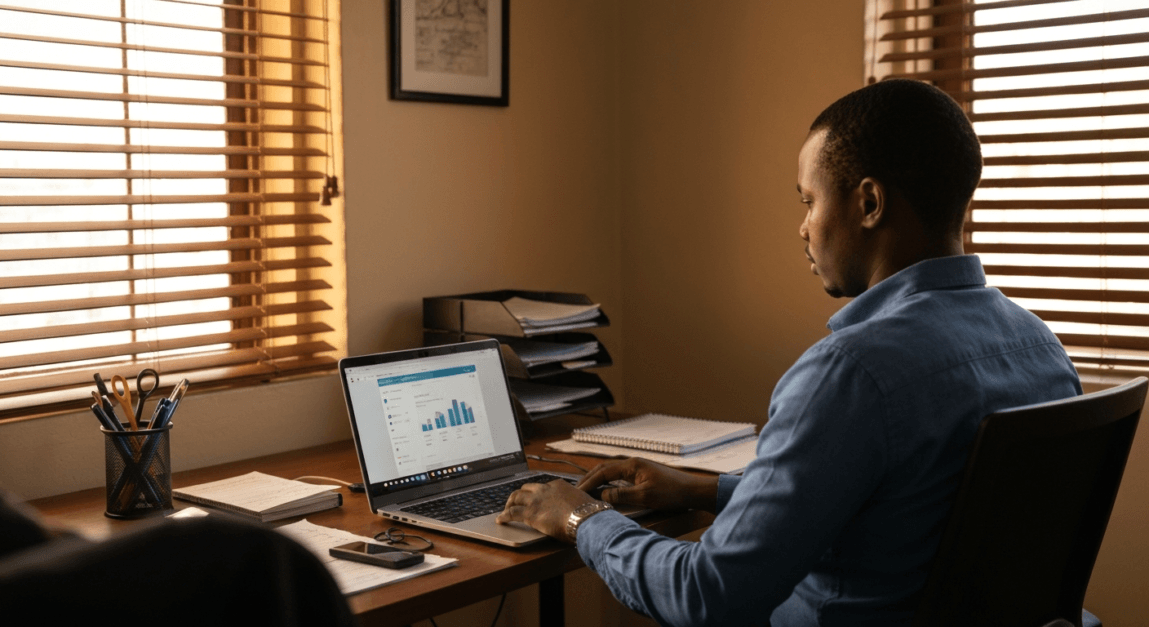 Botswana SME entrepreneur using PPC tools on a laptop in home office.