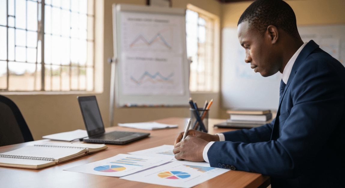 Botswana professional analyzing charts for PPC keyword strategy in a local office.
