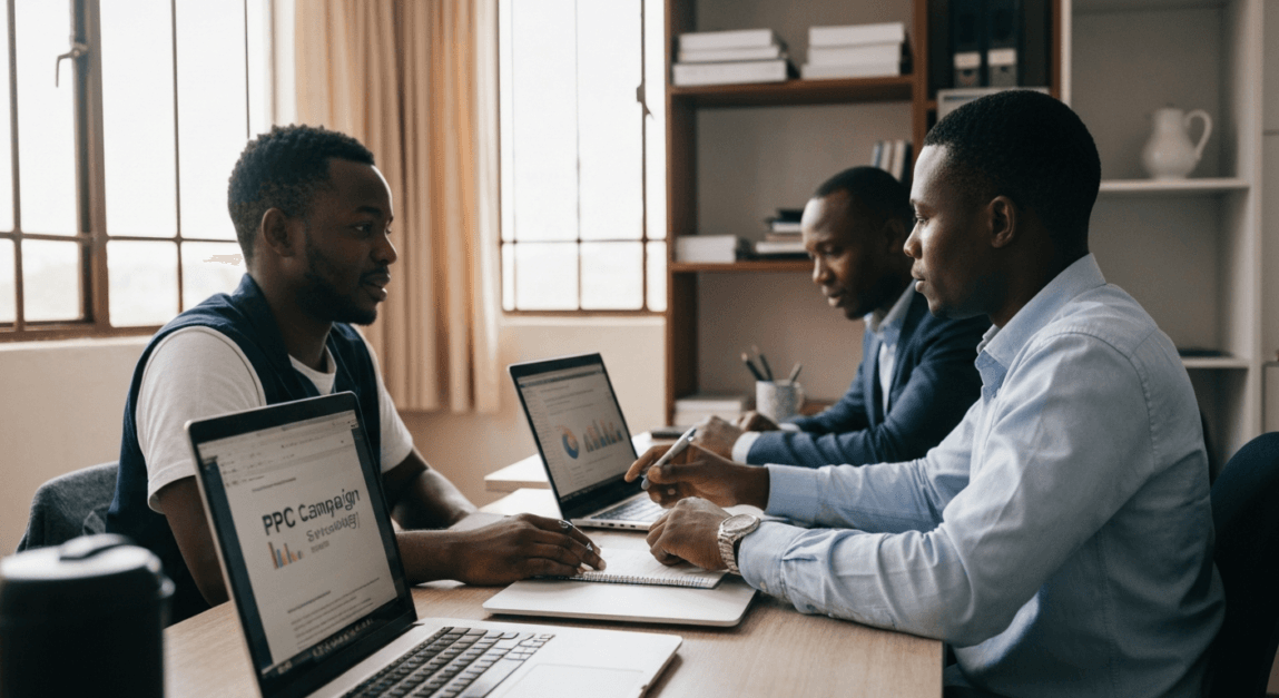 Two Botswana professionals discussing PPC strategies for cost reduction and ROI improvement.