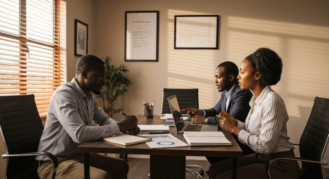 Botswana professionals discussing social media strategy in a home office setting
