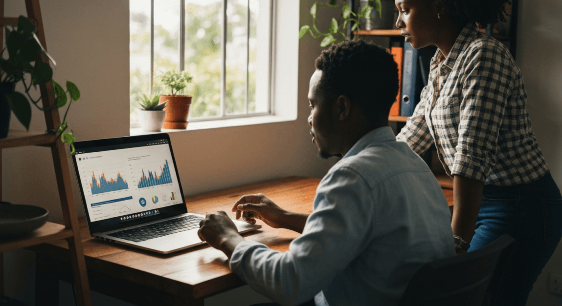 Team analyzing SEO metrics on a laptop, optimizing site for better performance.