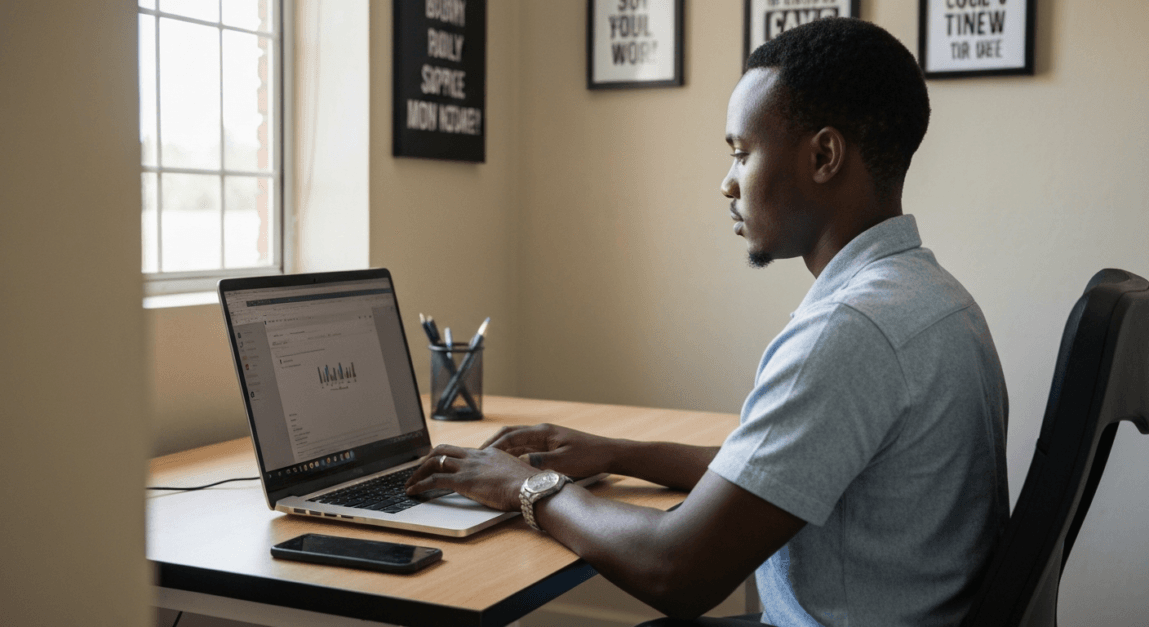 Botswana entrepreneur building a targeted email list on a laptop inside an office workspace.