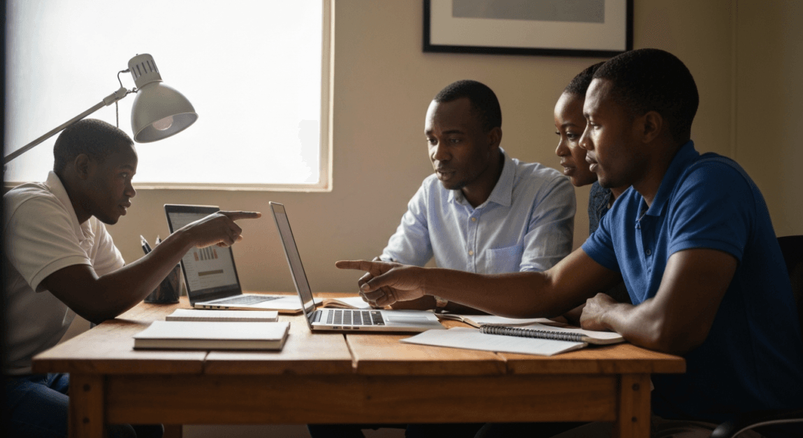 Team of three discussing and optimizing Google My Business listing on a laptop.