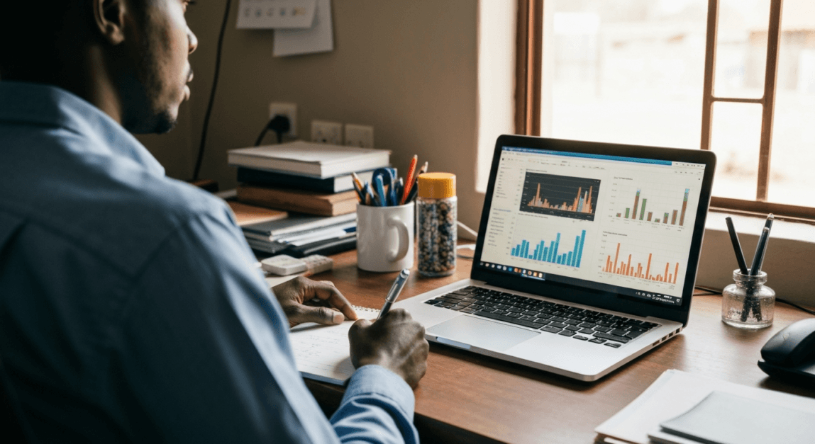 Professional analyzing local SEO metrics on a laptop in a home office.