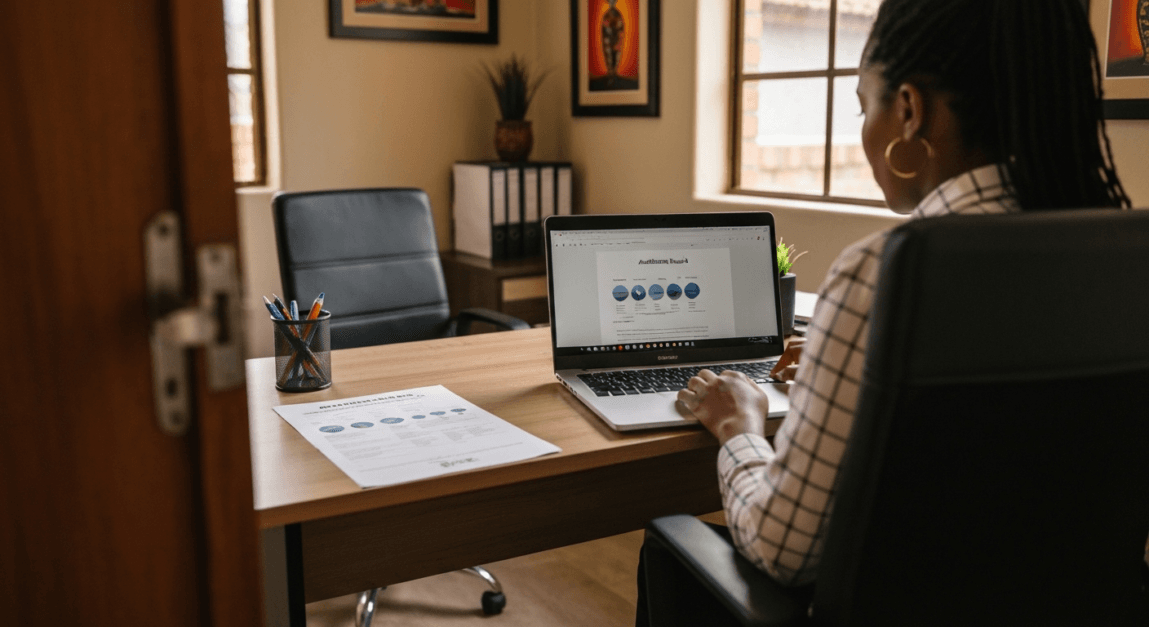 Entrepreneur analyzing audience insights in a small Botswana office.