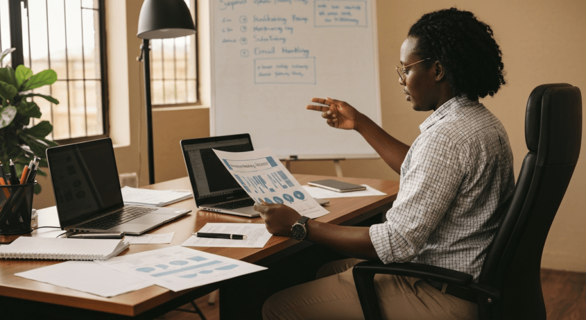 Email marketing strategy session in a local Botswana office for SME growth.