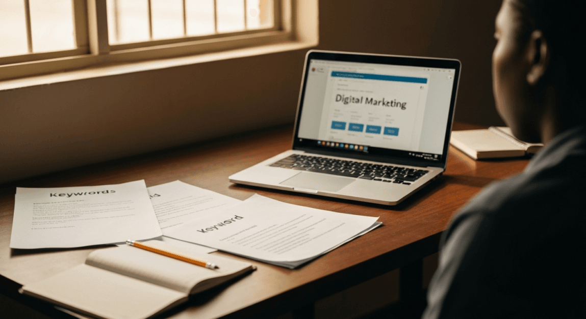 Practical keyword research setup in a Botswana SME environment showing a laptop and printed materials.