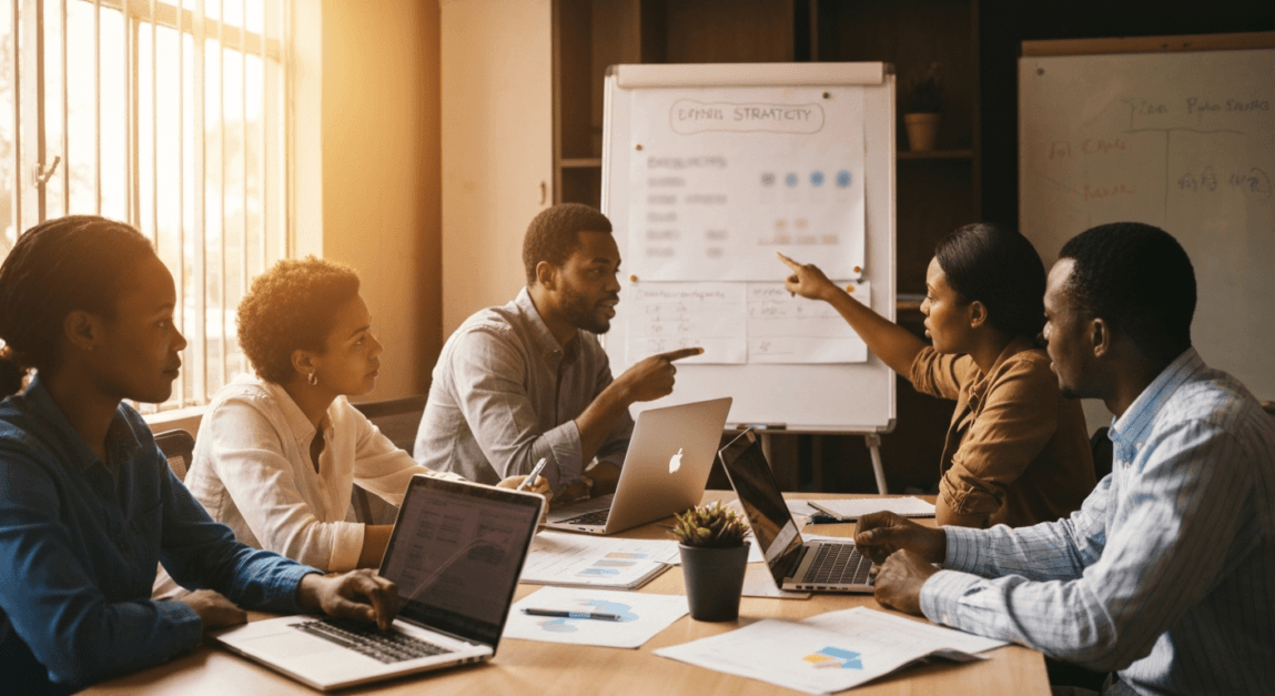 Team planning social media strategy using 50/30/20 rule in Botswana office